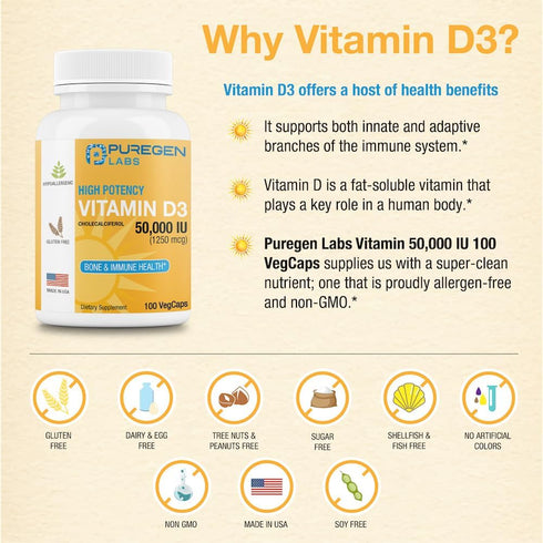 Puregen Labs Vitamin D3 50,000 IU - 100 Vegetable Capsules for Healthy Muscle Function & Immune Support, Non-GMO &