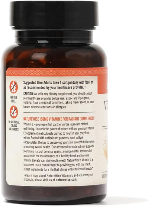 NatureWise Vitamin E 400 IU Softgels (180mg DL-Alpha) - Dairy Free, Gluten Free and Soy Free Antioxidant-Rich Dietary Supplement for Skin, Heart, and Immune Health Support - 2-Month Supply, 60 Count