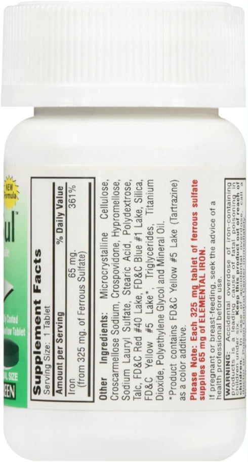 Major Ferosul - Ferrous Sulfate 325mg Tablets with 65mg of Elemental Iron - Iron Supplement for Women, Men - Green - 100 Tablets - Pack of 1