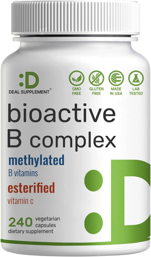 Bioactive Vitamin B Complex, 240 Veggie Capsules - Methylated B Vitamins, Esterified Vitamin C, High Potency, Immune &
