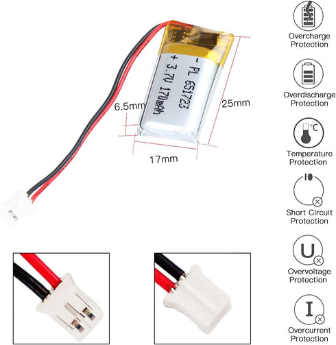3.7V 170mAh Battery 651723 Lithium Polymer Ion Rechargeable Li-ion Li-Po Battery with 2P PH 2.0mm Pitch Connector