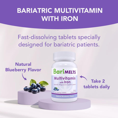 BariMelts Bariatric Multivitamin with Iron - 1 Month Supply (60 Fast-Dissolving Tablets) - Sugar-Free - Post-Op Bariatric Vitamins - Natural Blueberry Flavor