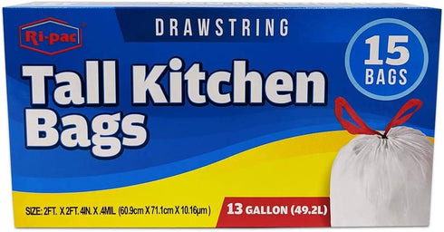 Ri-pac Tall Kitchen Trash Bags with Drawstring, 13 Gallon, 15 Count