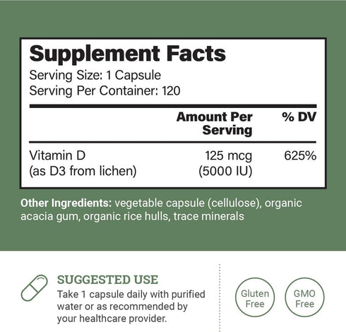 Vegan Vitamin D3 5000 iu Supplement - Pure, High Potency D3 Vitamin 5000 iu Supplements For Immune Health & Strong Bones Support - Vitamin D 5000 iu - 120 Capsules, 4-Month Supply of Vit D3