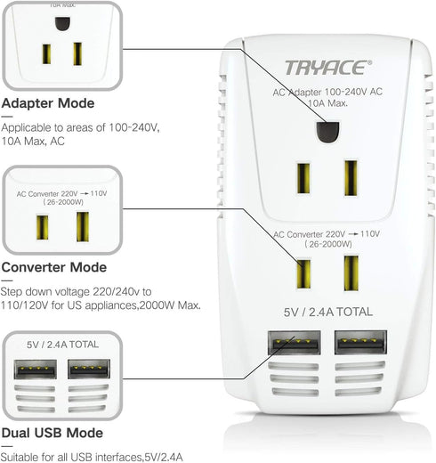 Upgraded 2000W 220V to 110V Voltage Converter, Step Down for Hair Dryer, Straightener, Curling Iron, with 2-Port USB