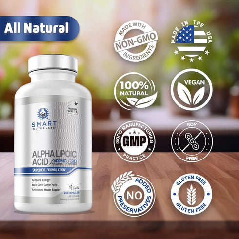 Alpha Lipoic Acid 600mg, 240 Vegan Capsules - Gluten Free, Pure Non-GMO ALA for Energy & Antioxidant