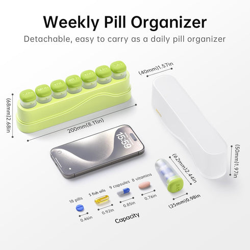 Weekly Pill Organizer, KOVIUU Removable Pill Box 7 Day, Portable Travel Case for Vitamins, Green