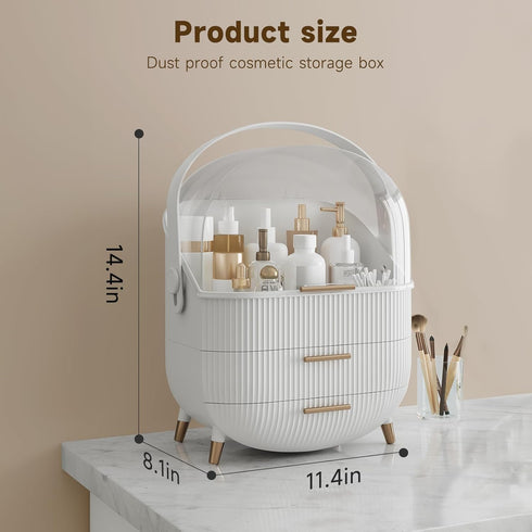 Makeup Storage Organizer with Lid, Waterproof Cosmetics Skincare Organizer for Vanity, Portable Makeup Box (White)