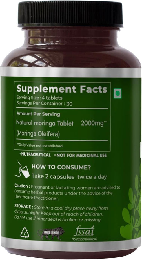 Natural Moringa Tablets, 120 Tablets (500mg Each) | Multi-Vitamin, Immunity Booster, Rich in Anti-Oxidant