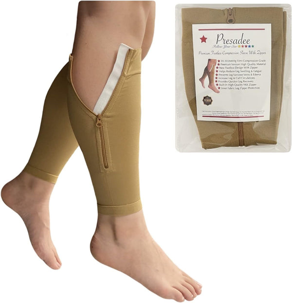 Shin Premium 20-30 mmHg Firm Compression Leg Calf Sleeve with Zipper, Beige, 3X-Large
