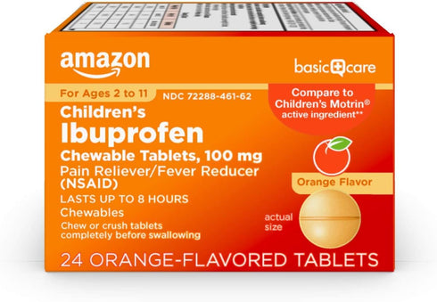 Amazon Basic Care Children's Ibuprofen Chewable Tablets, 100 mg, Pain Reliever, 24 Count