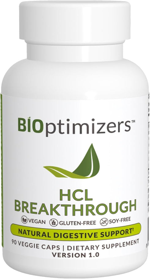BIOptimizers HCL Breakthrough - Betaine Hydrochloride Enzymes Supplement for Gas and Heartburn Relief - 90 Capsules