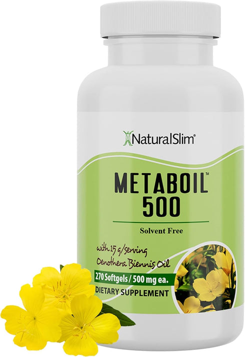 NaturalSlim Metaboil 500 Evening Primrose Oil Capsules - Solvent-Free Cold Pressed Supplement for Metabolism - 250