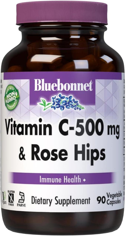 BlueBonnet Nutrition Vitamin C-500 mg Plus Rose Hips Vegetable Capsules for Immune Health, 90 Count