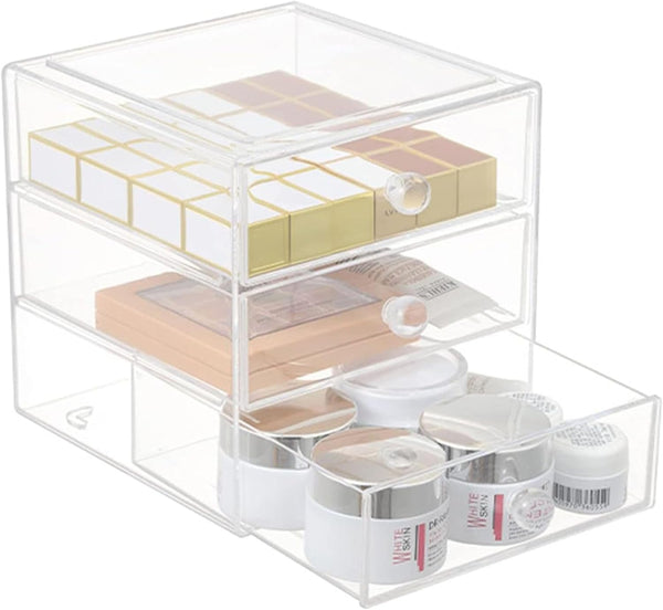 Makeup Drawer Organizer Box with 3 Drawers - Acrylic Cosmetic Display Case for Vanity Storage