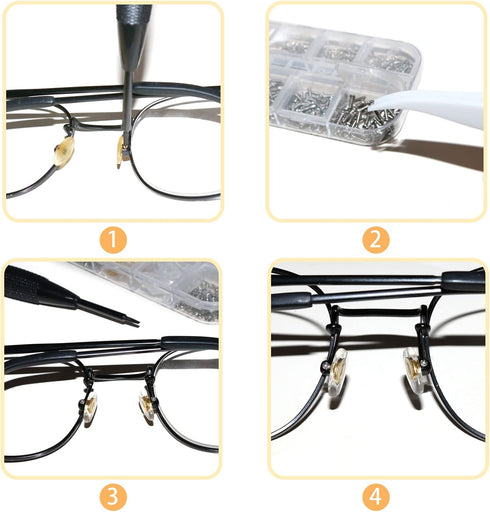 Eyeglass Repair Kit with Glasses Screws, Precision Screwdriver, Nose Pads, Cleaning Cloth, Tweezers