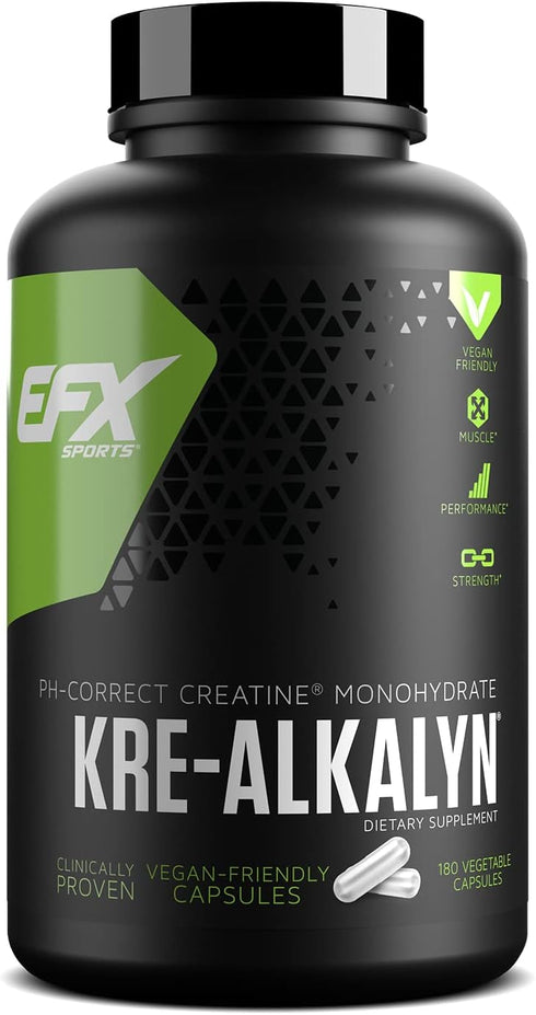 EFX Sports Kre-Alkalyn EFX Creatine Monohydrate Pill Supplement, Vegan Friendly, 90 Servings, 180 Veggie Capsules