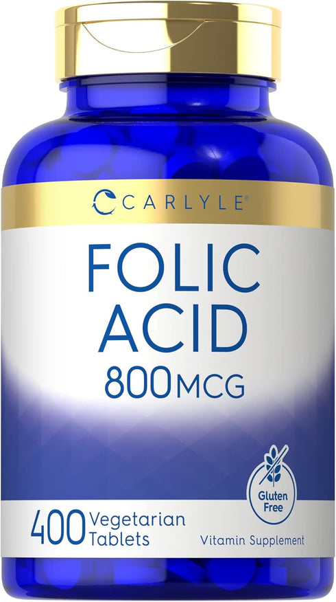 Carlyle Folic Acid 800 Mcg Tablets | 400 Count | Vegetarian, Gluten Free, Non-GMO Supplement