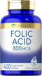 Carlyle Folic Acid 800 Mcg Tablets | 400 Count | Vegetarian, Gluten Free, Non-GMO Supplement