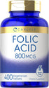 Carlyle Folic Acid 800 Mcg Tablets | 400 Count | Vegetarian, Gluten Free, Non-GMO Supplement