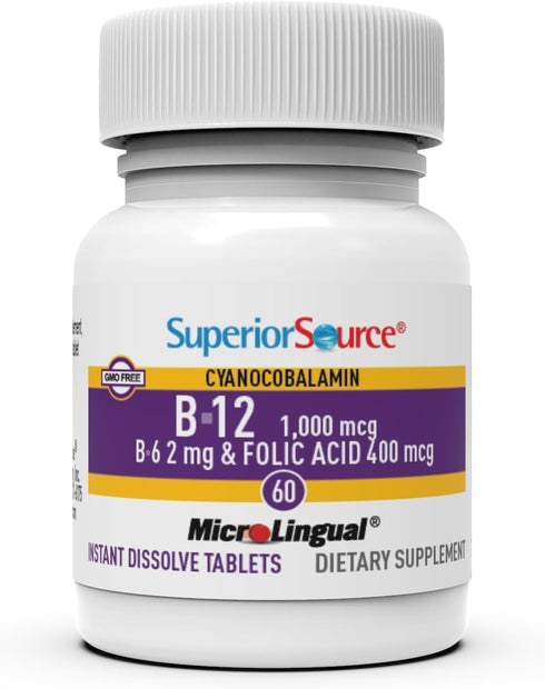 Superior Source No Shot Vitamin B-12, 1000 mcg, B-6, Folic Acid 400 mcg, 60 Sublingual Tablets