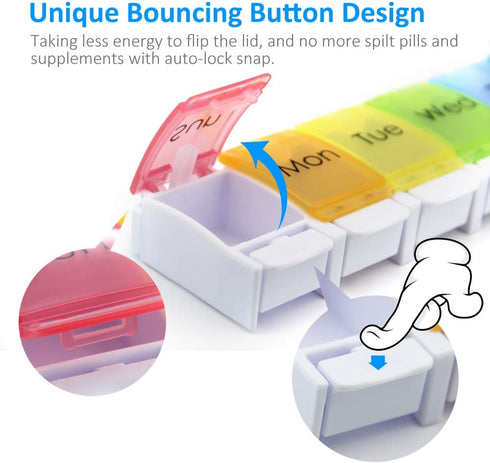 2 PCS Weekly Pill Organizer - Arthritis Friendly Travel 7 Day Pill Box with Spring Open Design and Storage Case