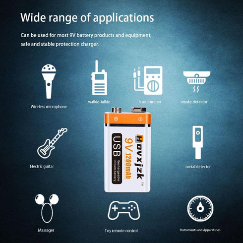 USB 9V Rechargeable Battery, Quick Charge in 1.5 Hours, 1200mAh with Type C Port Cable (2-Pack)