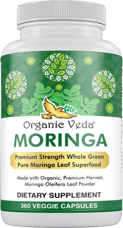 Organic Veda Moringa Leaf Powder Capsules, 1000mg, 360 Count - Pure Natural Moringa Oleifera Dietary Supplement -