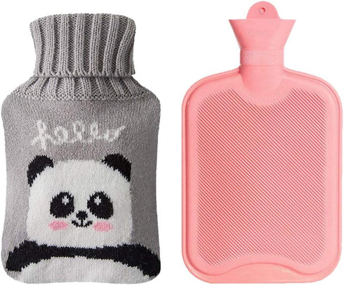 Drizzle Classic Rubber Hot Water Bottle - 2L Pink with Cute Panda Knitting Set for Pain Relief and Warmth