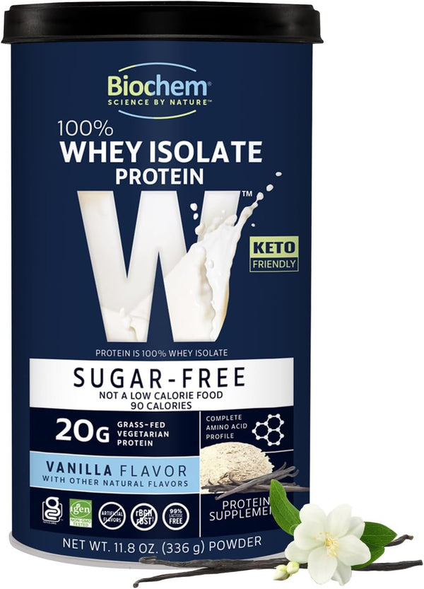 Biochem 100% Whey Sugar-Free Vanilla, 20g, 11.8oz, Certified Vegetarian, Gluten Free, Non-GMO, Keto Friendly