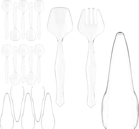18 Pcs Clear Plastic Serving Utensils Set - 6 Serving Spoons, 6 Tongs, 6 Forks - Heavy Duty Disposable for Parties