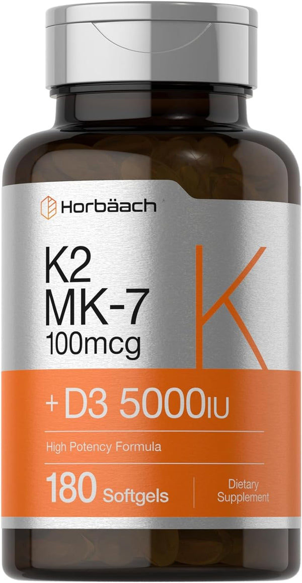 Horbaach Vitamin D3 K2, 5000iu of Vitamin D & 100mcg MK-7 Complex, 180 Softgel Capsules