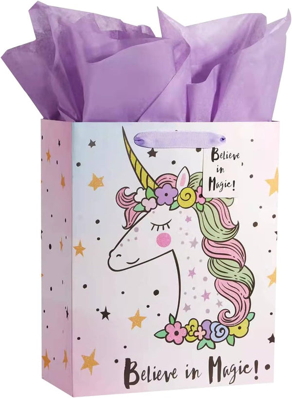 Bobobag 13" Large Gift Bag with Tissue Paper for Girls Happy Birthday Gift Bags (Unicorn)