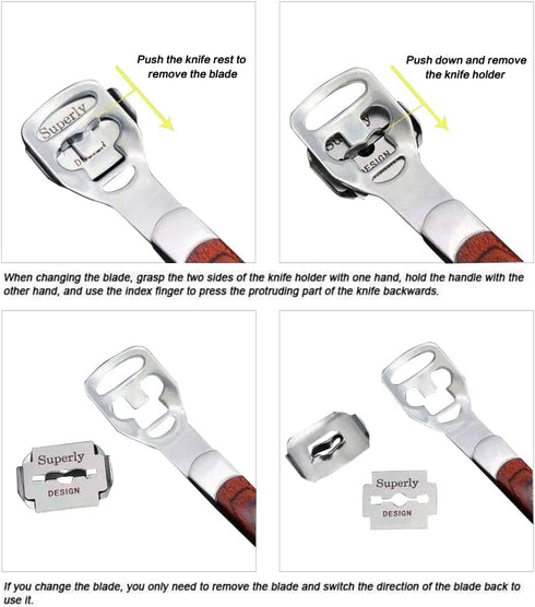 Stainless Steel Callus Shaver Pedicure Dead Skin Remover, Heel Razor with Wooden Handle & 10 Blades