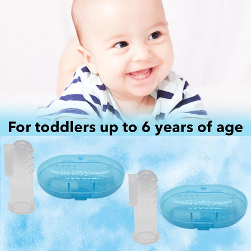 Baby Finger Toothbrush Set of 2, Silicone with 2 Cases in Blue, Toddler Training, Newborn Oral Massager for Kids