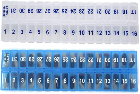 AM PM 31 Day Monthly Pill Planner Organizers - Large Compartment Pill Boxes for Entire Month (AM/PM Clear & Blue)
