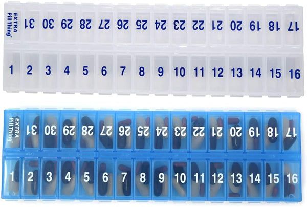 AM PM 31 Day Monthly Pill Planner Organizers - Large Compartment Pill Boxes for Entire Month (AM/PM Clear & Blue)