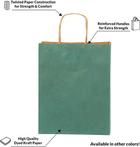 Packaging 8x4x10, 50 Pack Prime Line Green Gift Bags Small, Kraft Paper Bags with Handles for Small Business