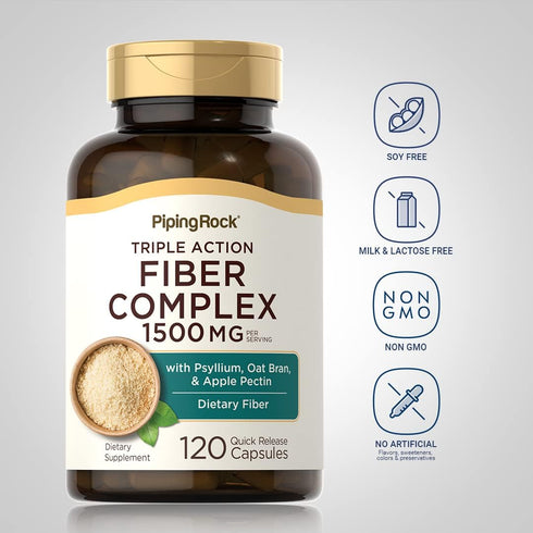 Piping Rock Fiber Complex | 1500mg | 120 Capsules | Triple Action Fiber with Psyllium, Oat Bran & Apple Pectin | Non-GMO