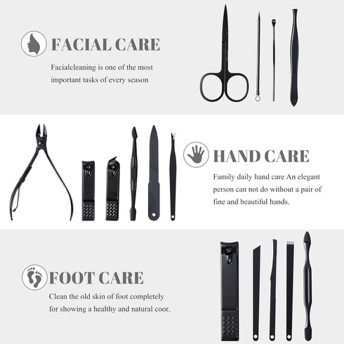 Manicure Pedicure Kit Nail Clippers Set Fingernails & Toenails Vibrissac Scissor 5 Pieces Best Care Tools for Man & Women with Travel Case (Gray/Black_A) (Dark 15 Pieces)