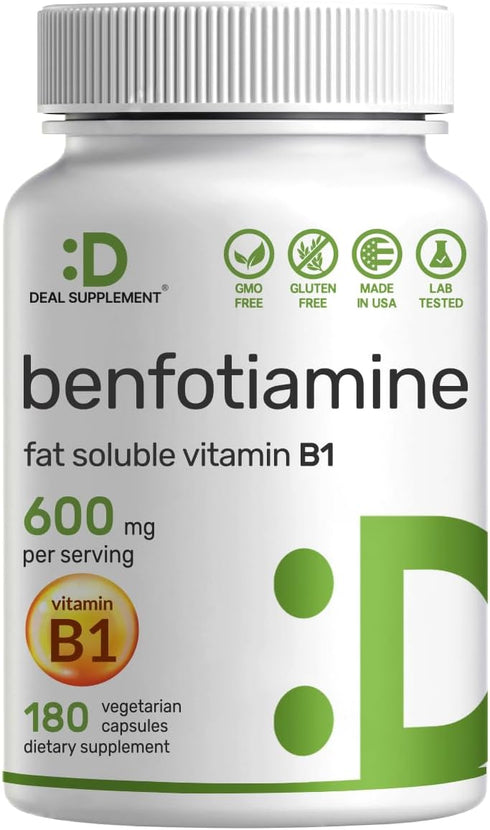 Benfotiamine 600mg, 180 Veggie Capsules (300mg Per Cap) – Vegan, Non-GMO, Gluten Free Thiamine Supplement