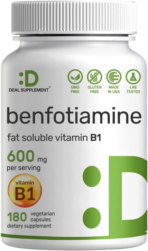 Benfotiamine 600mg, 180 Veggie Capsules (300mg Per Cap) – Vegan, Non-GMO, Gluten Free Thiamine Supplement