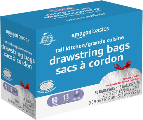 Amazon Basics Force Flex Tall Kitchen Drawstring Trash Bags, Lavender Scented, 13 Gallon, 80 Count