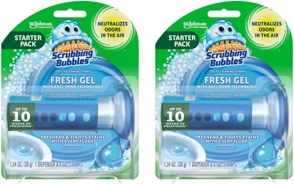 Scrubbing Bubbles Toilet Gel Stamps, Fresh Gel Cleaning Stamps, 1 Dispenser + 6 Stamps, Rainshower Scent