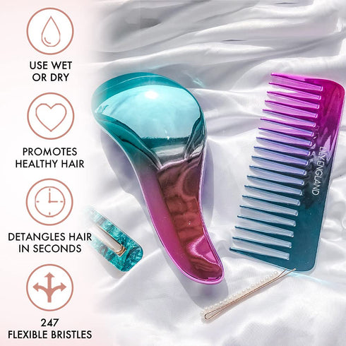 Lily England Detangler Brush & Hair Comb Set - Lightweight Hair Brush & Wide Tooth Comb for Women & Kids, Smooth