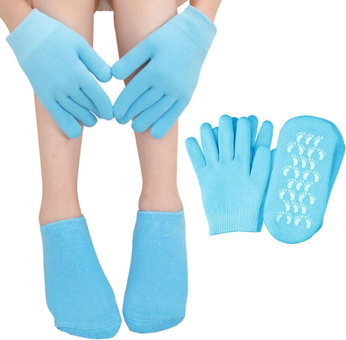 Moisturizing Glove and Sock, Gel Spa Therapy for Hands Feet, Repair Dry Cracked Skin, 4 PCS (Blue)