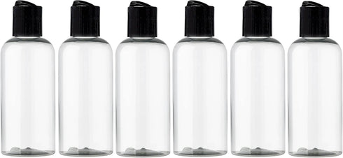ljdeals 4 oz Clear Plastic Empty Bottles - Refillable Cosmetic Containers with Black Disc Top Caps, Pack of 6