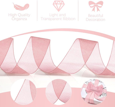 Pink Ribbon 1 Inch x 50 Yards for Flower Bouquets, Sheer Tulle Ribbon for Gift Wrapping, Crafts, Wedding Decorations