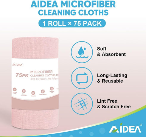 AIDEA Pink Microfiber Cleaning Cloth Roll-75PK, Reusable Paper Towels, Tear Away Towels, Washable Shop Rags, Microfiber Towels for Cars, Lint Free Cleaning Rags for House, Kitchen, Window-11.5"×11.5" by AIDEA