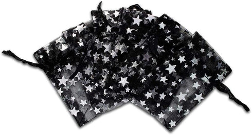 100-Pack 2x2.5 Sheer Organza Drawstring Gift Bags (X-Small) - Metallic Stars (Black/Silver) for Wedding Party Favors,